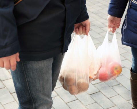 People Carrying Plastic Bags With Products Outdoors, Closeup